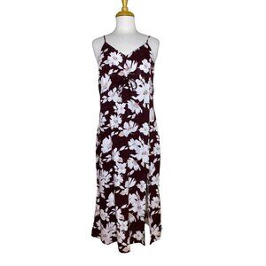 Sage The Label Brown Floral Midi Slip Dress, Side Slit, Size Large